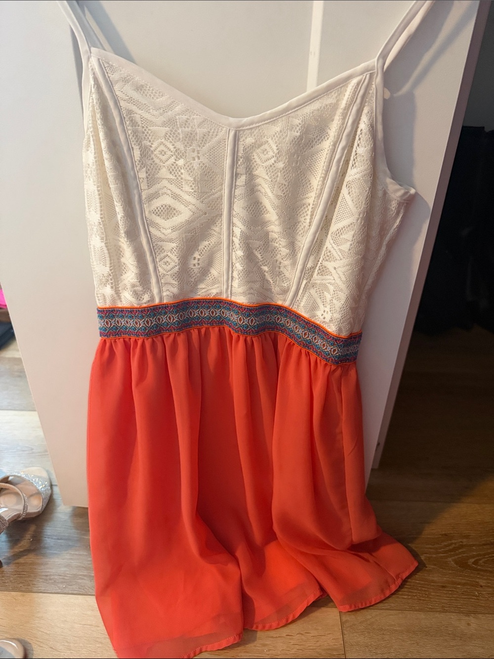 Women's White Lace & Orange Casual Spaghetti-Strap Dress